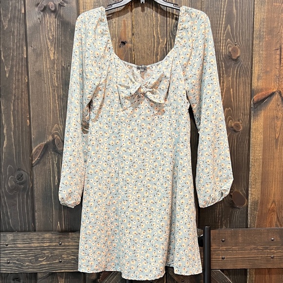 Lily Rose Floral Mini Dress L Babydoll Milkmaid Y2K Cottagecore Boho Bow Square - Picture 1 of 10